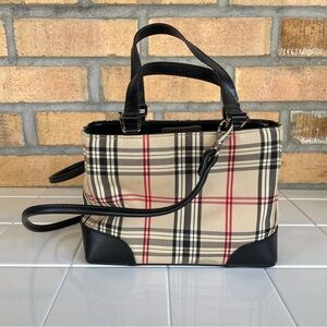 Tan Cream Red Black Checkered Purse Pocketbook Satchel Burr-Bear-E Style Plaid